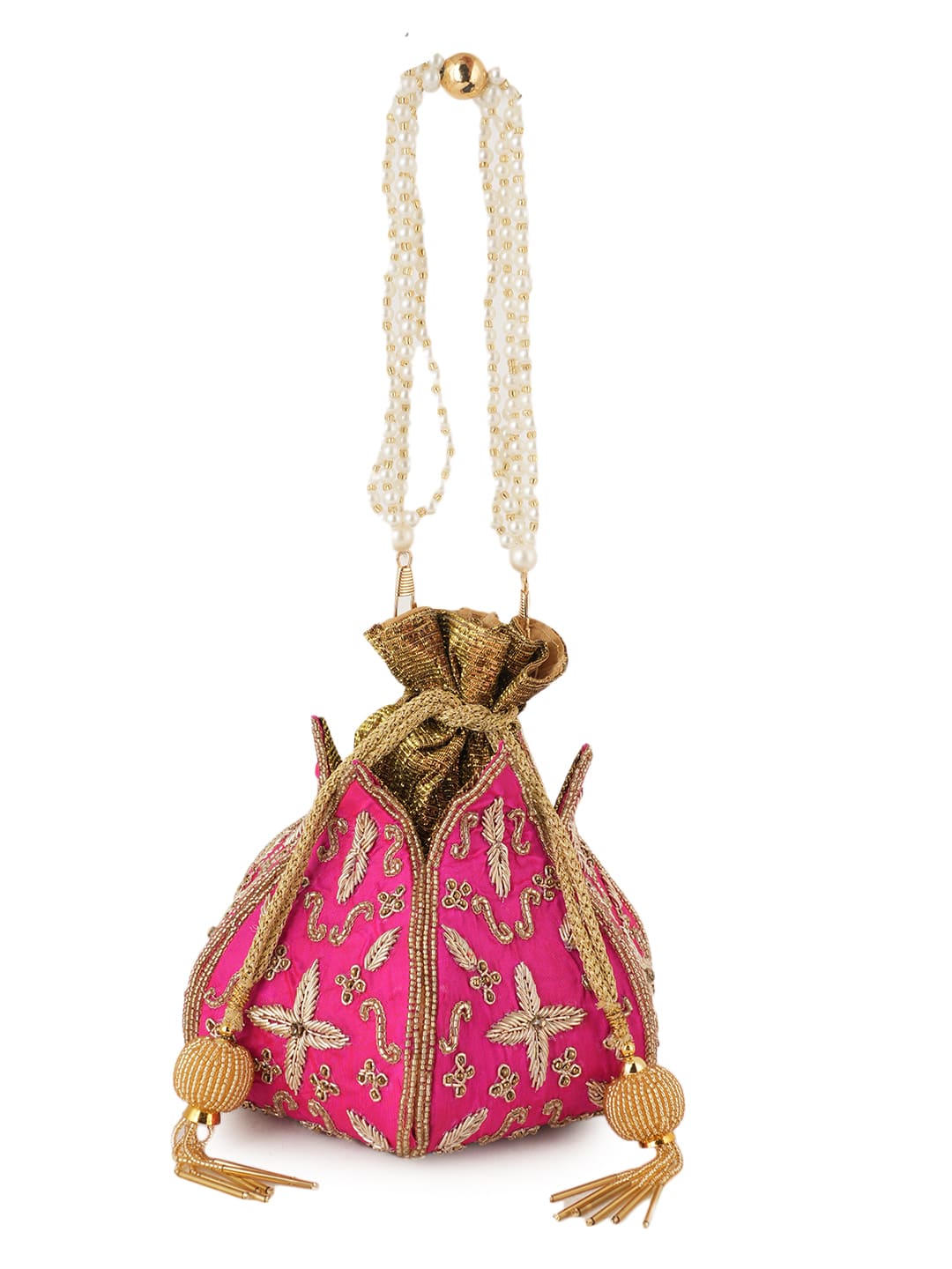Women Pink Embroidered Bridal Potli Bag with Pearl Handle & Zari Work