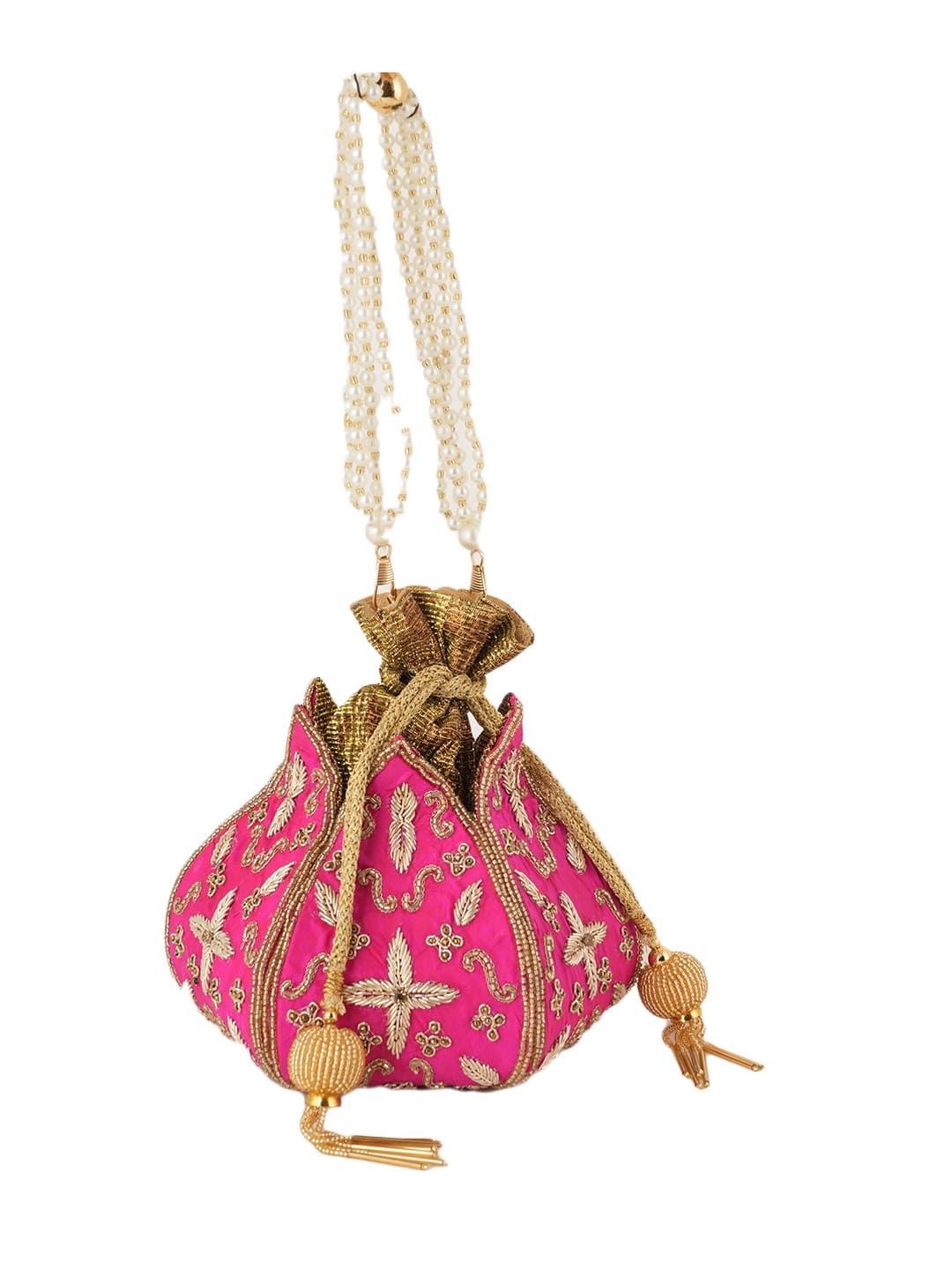 Women Pink Embroidered Bridal Potli Bag with Pearl Handle & Zari Work