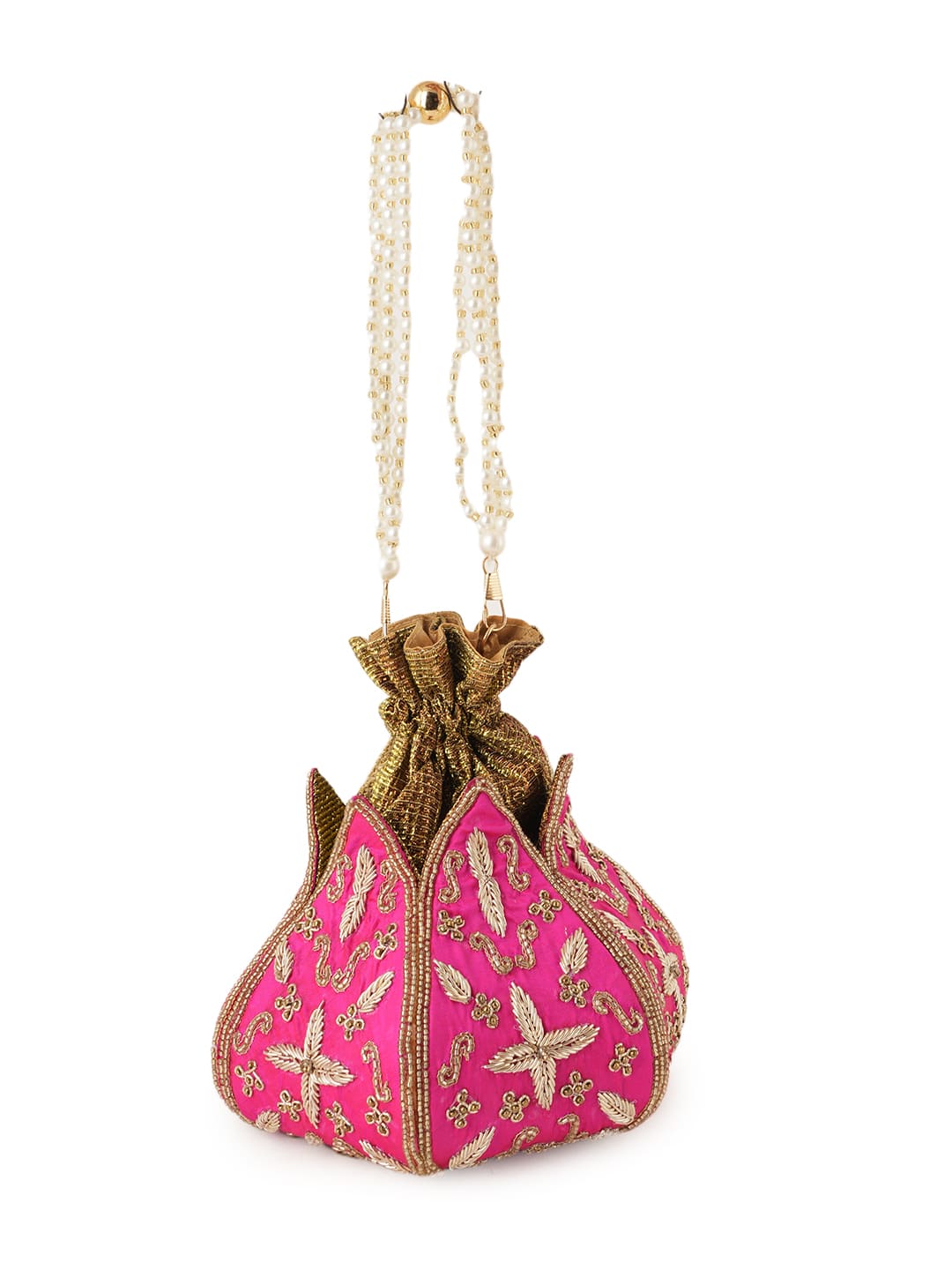 Women Pink Embroidered Bridal Potli Bag with Pearl Handle & Zari Work