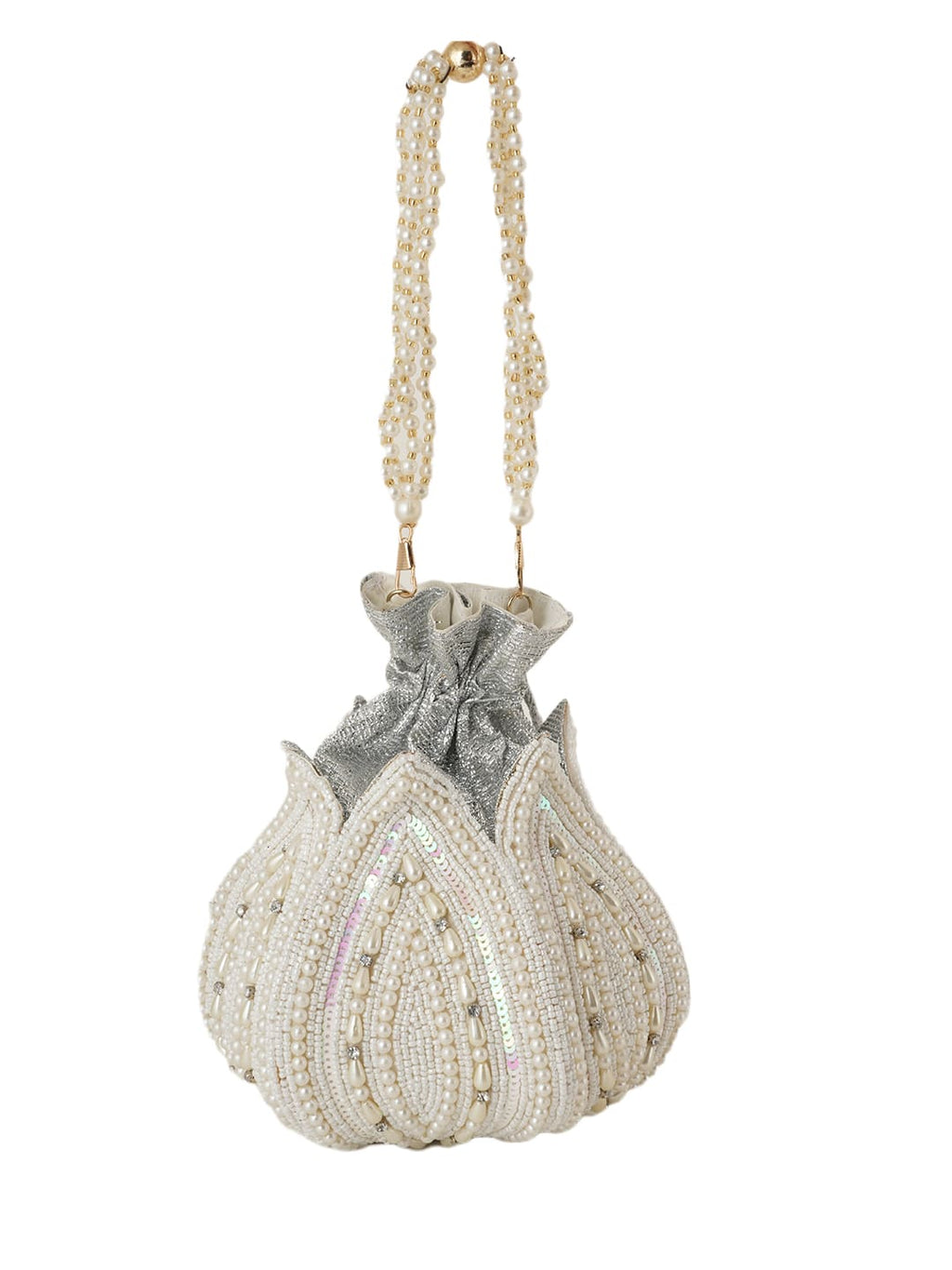 Women Silver Pearl Embroidered Bridal Potli Bag with Pearl Handle
