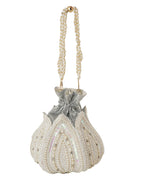 Women Silver Pearl Embroidered Bridal Potli Bag with Pearl Handle