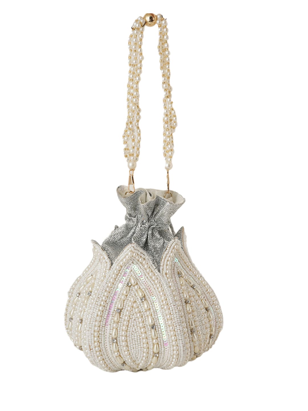 Women Silver Pearl Embroidered Bridal Potli Bag with Pearl Handle
