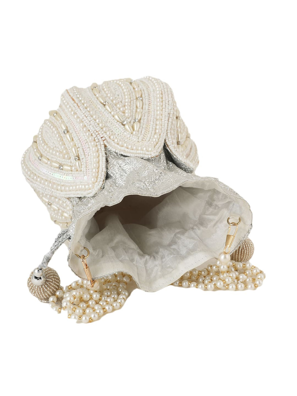 Women Silver Pearl Embroidered Bridal Potli Bag with Pearl Handle