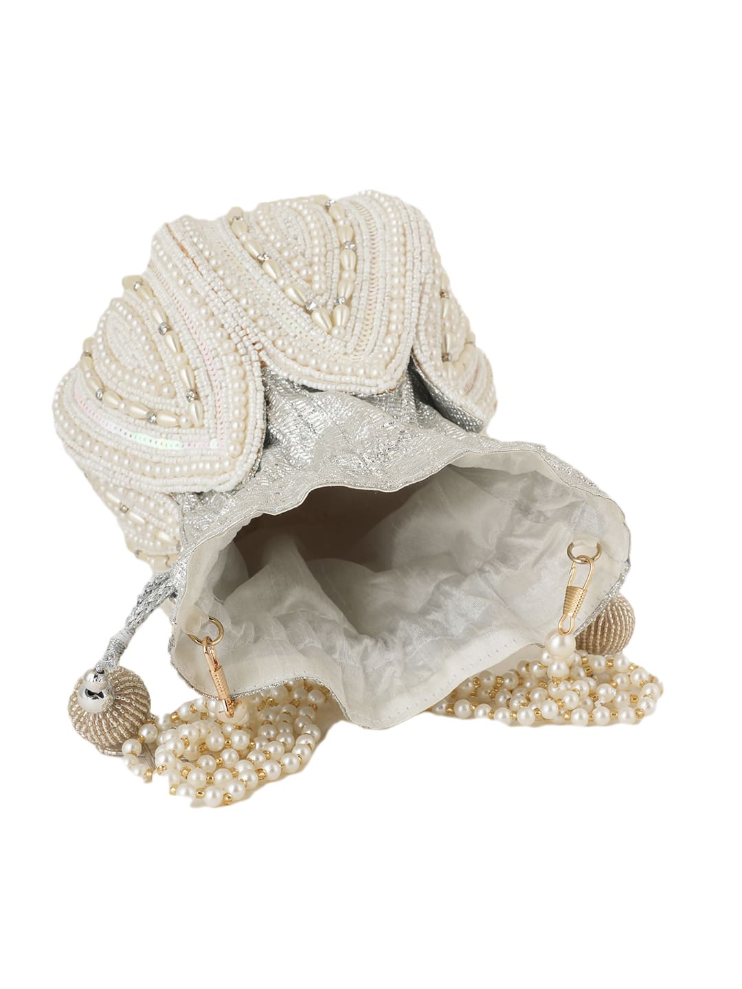 Women Silver Pearl Embroidered Bridal Potli Bag with Pearl Handle