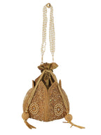 Women Gold Beaded Embroidered Bridal Potli Bag with Pearl Handle