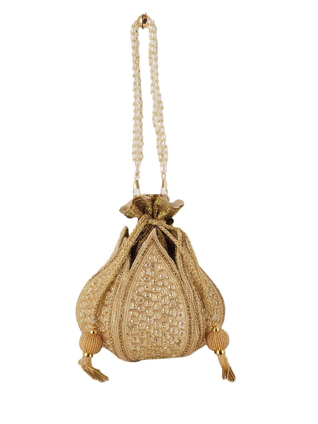 Women Gold Geometric Embroidered Bridal Potli Bag with Pearl Handle