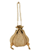 Women Gold Geometric Embroidered Bridal Potli Bag with Pearl Handle