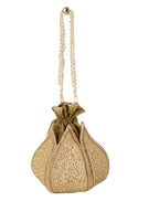 Women Gold Geometric Embroidered Bridal Potli Bag with Pearl Handle