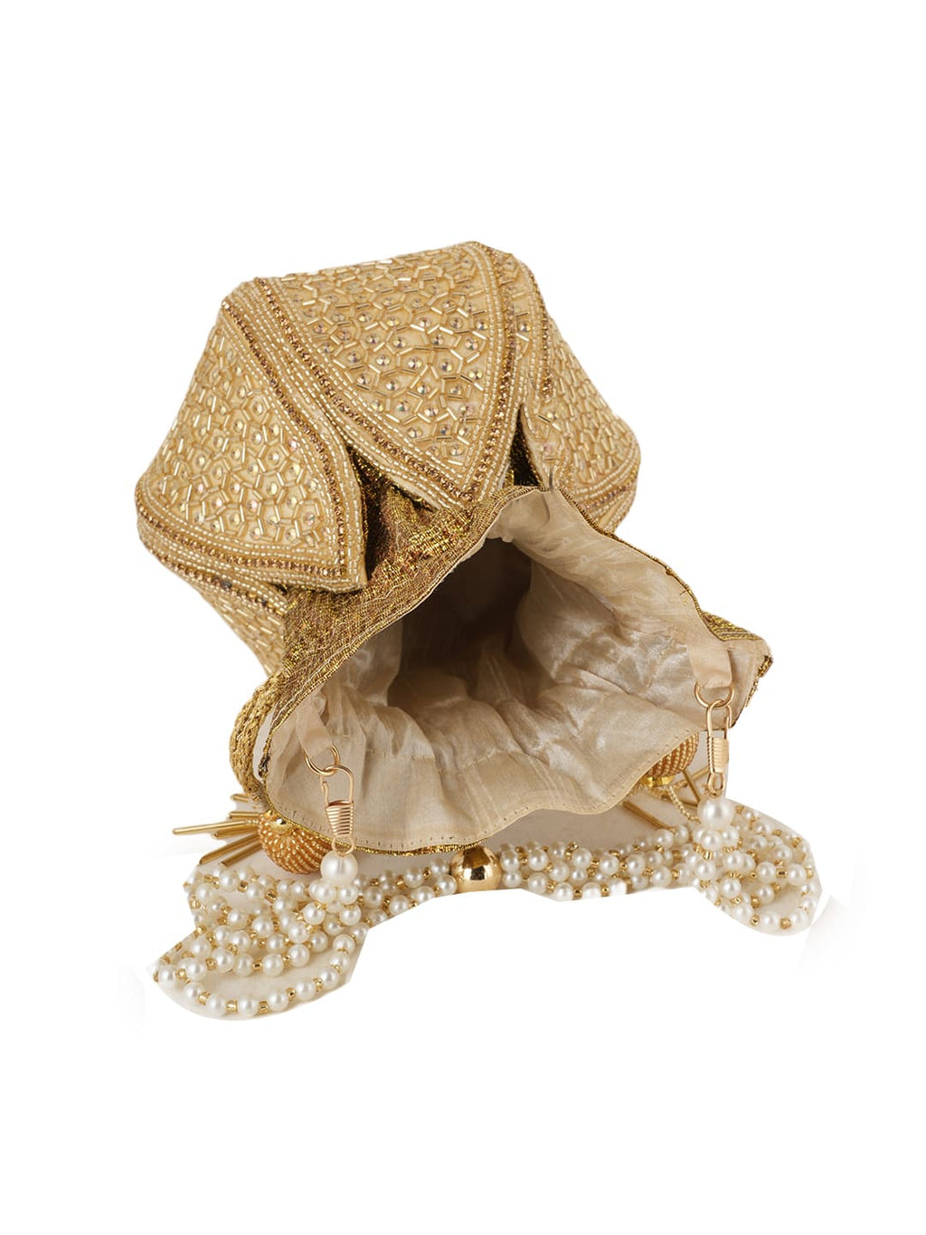Women Gold Geometric Embroidered Bridal Potli Bag with Pearl Handle