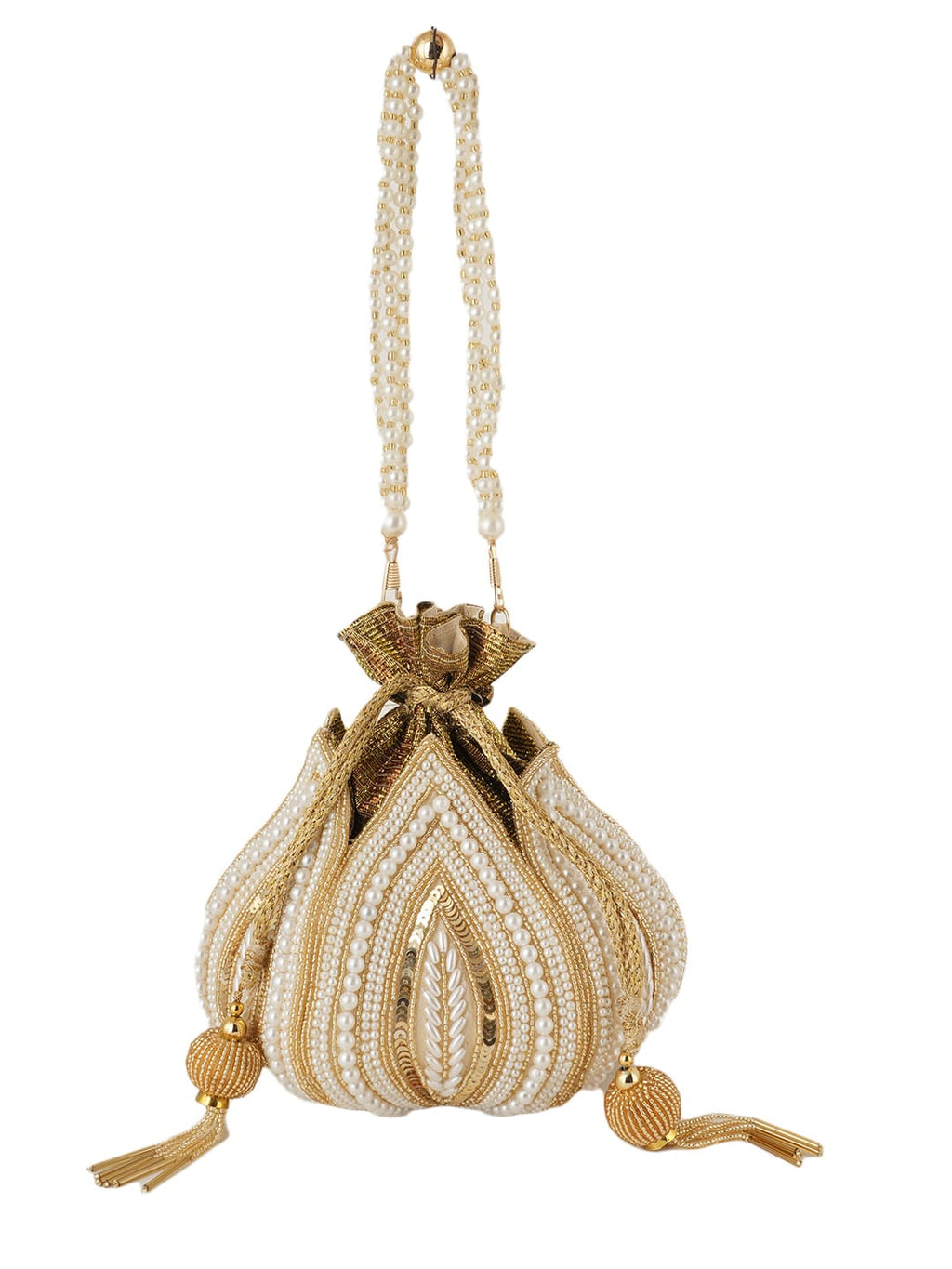 Women Gold & Pearl Embroidered Bridal Potli Bag with Pearl Handle