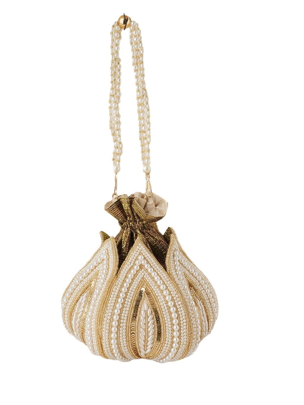 Women Gold & Pearl Embroidered Bridal Potli Bag with Pearl Handle