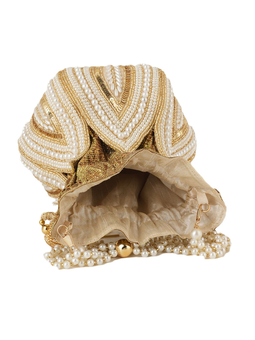 Women Gold & Pearl Embroidered Bridal Potli Bag with Pearl Handle