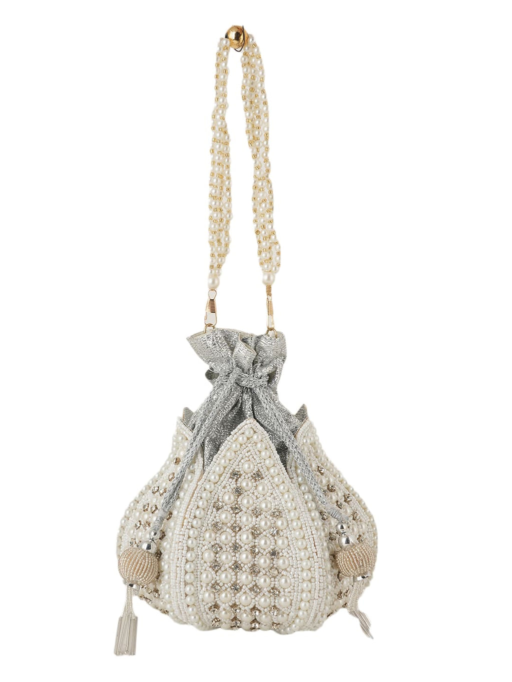 Women Pearl White Embroidered Bridal Potli Bag with Pearl Handle