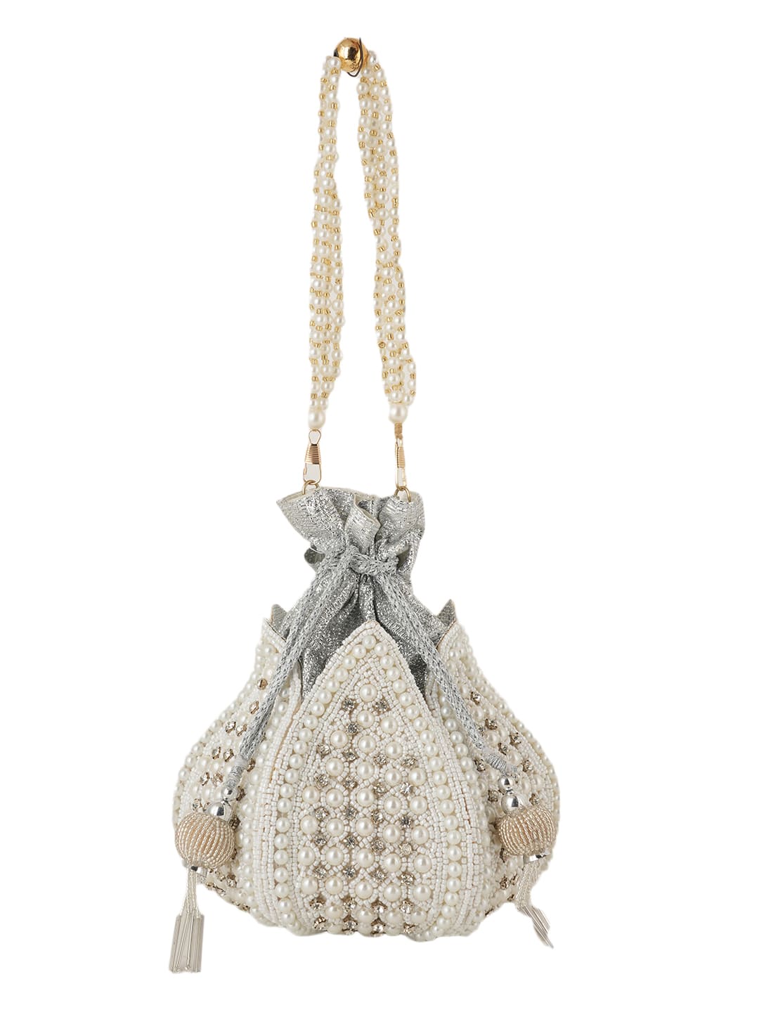 Women Pearl White Embroidered Bridal Potli Bag with Pearl Handle