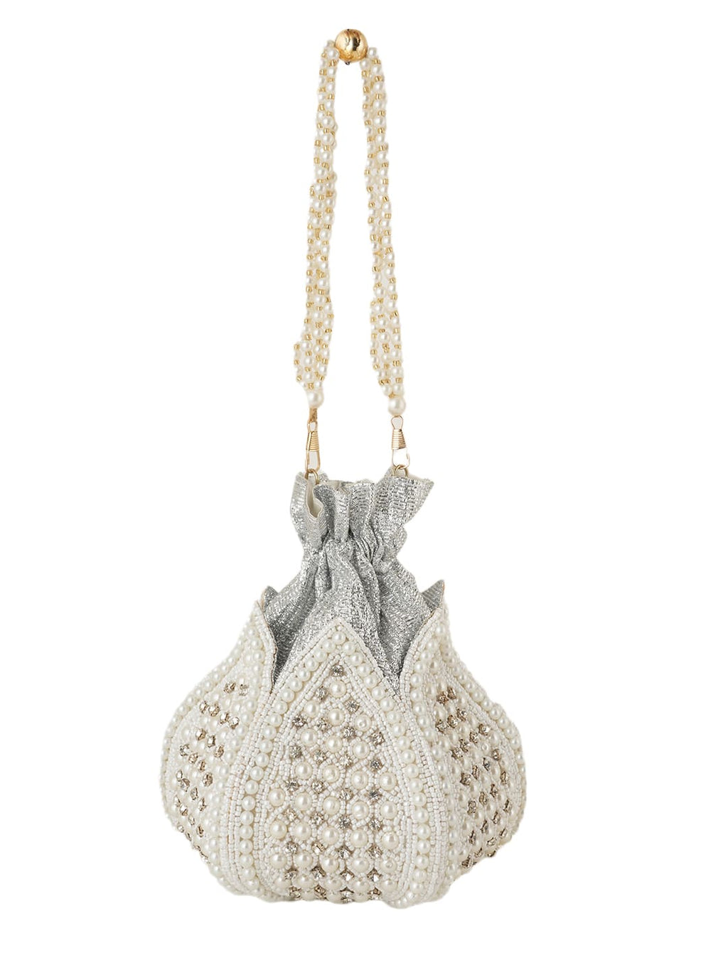 Women Pearl White Embroidered Bridal Potli Bag with Pearl Handle