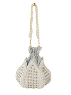 Women Pearl White Embroidered Bridal Potli Bag with Pearl Handle