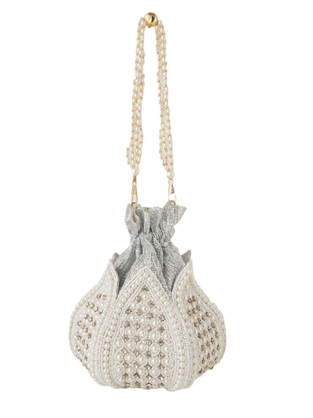 Women Pearl White Embroidered Bridal Potli Bag with Pearl Handle