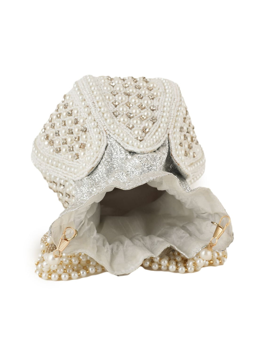 Women Pearl White Embroidered Bridal Potli Bag with Pearl Handle