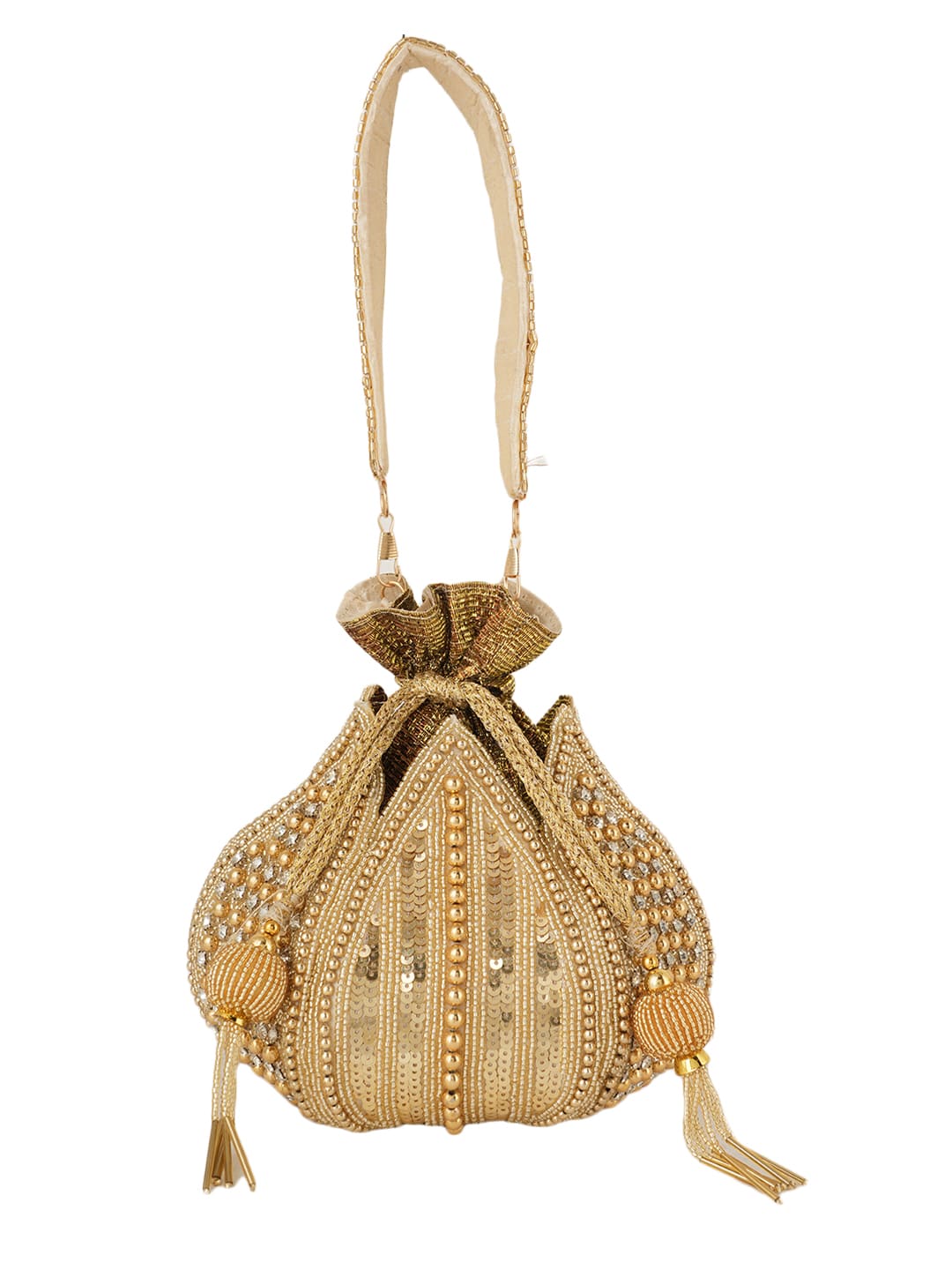 Women Gold Sequin Embroidered Bridal Potli Bag with Strap Handle