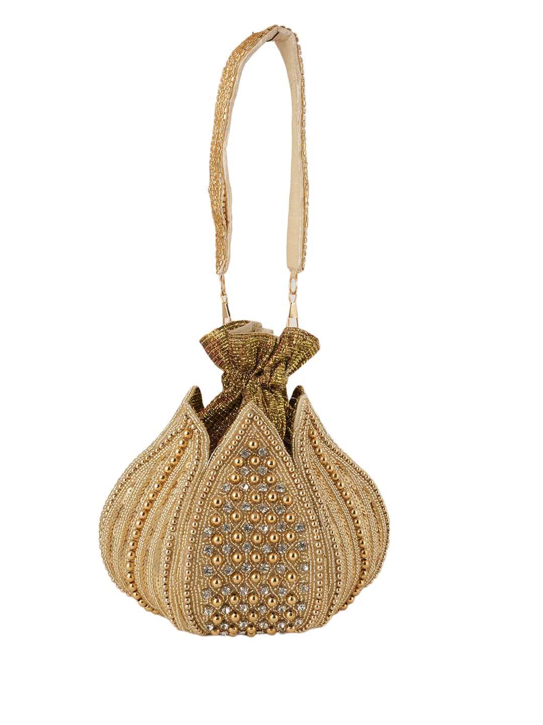Women Gold Sequin Embroidered Bridal Potli Bag with Strap Handle