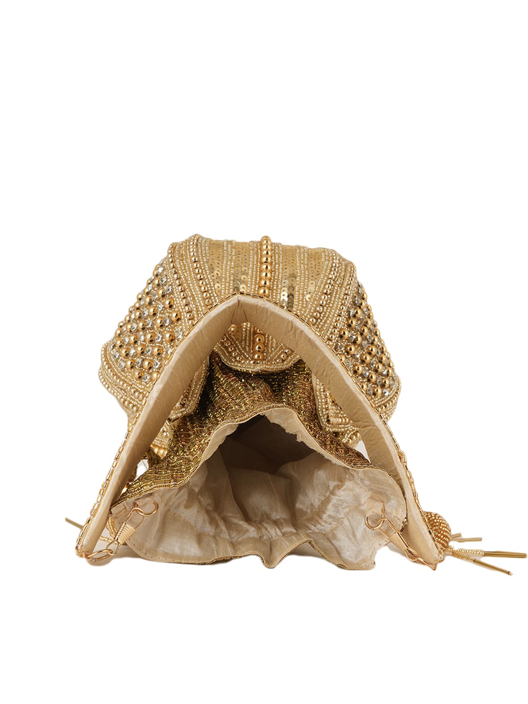 Women Gold Sequin Embroidered Bridal Potli Bag with Strap Handle