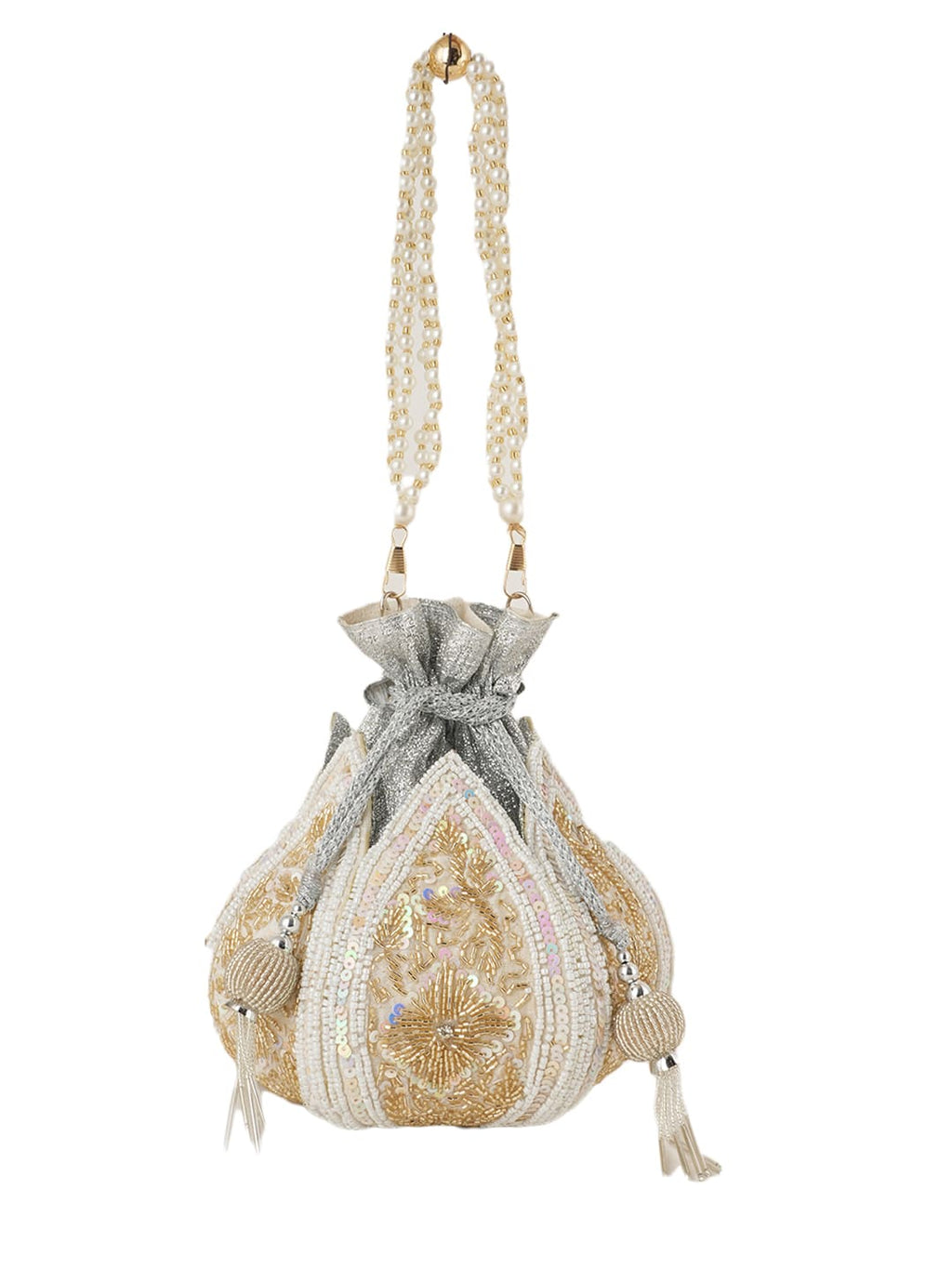 Women Pearl White & Gold Embroidered Bridal Potli Bag with Pearl Handle