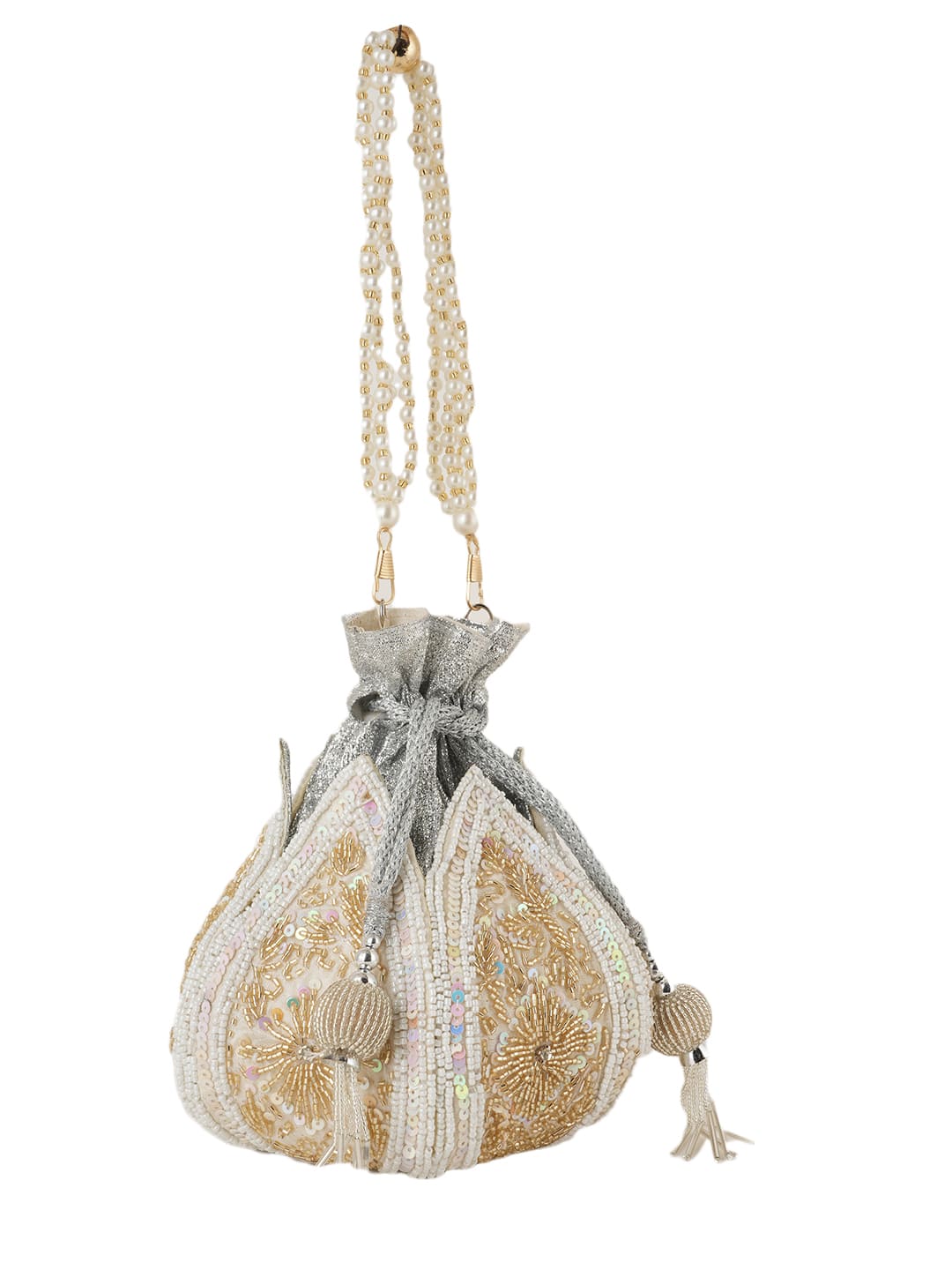 Women Pearl White & Gold Embroidered Bridal Potli Bag with Pearl Handle