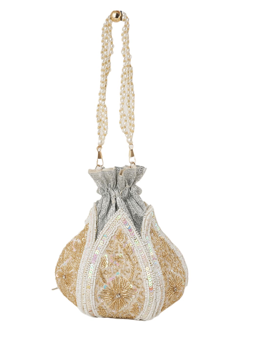 Women Pearl White & Gold Embroidered Bridal Potli Bag with Pearl Handle