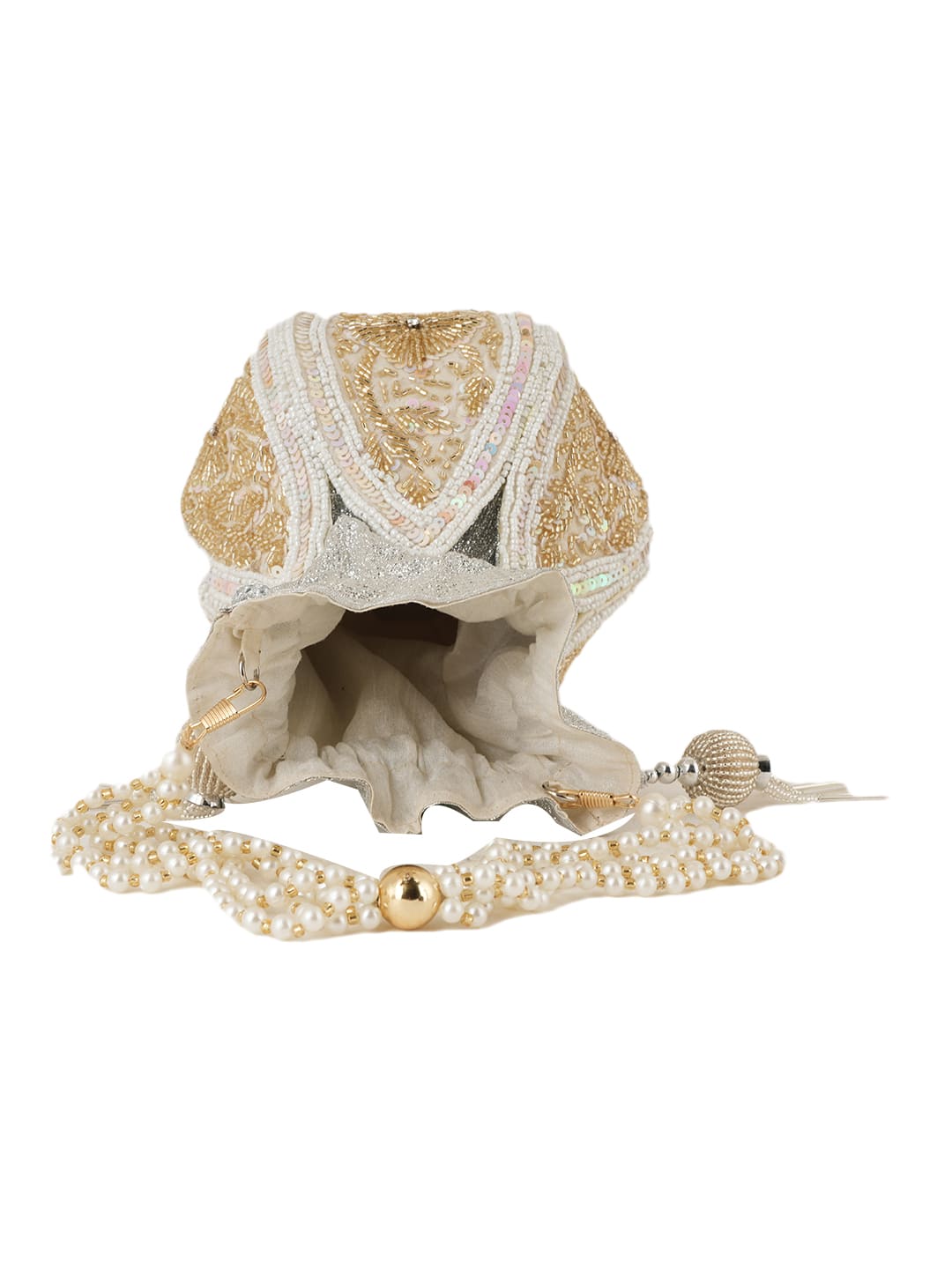 Women Pearl White & Gold Embroidered Bridal Potli Bag with Pearl Handle