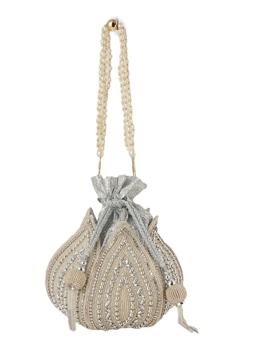 Women Silver & Pearl Embroidered Bridal Potli Bag with Pearl Handle