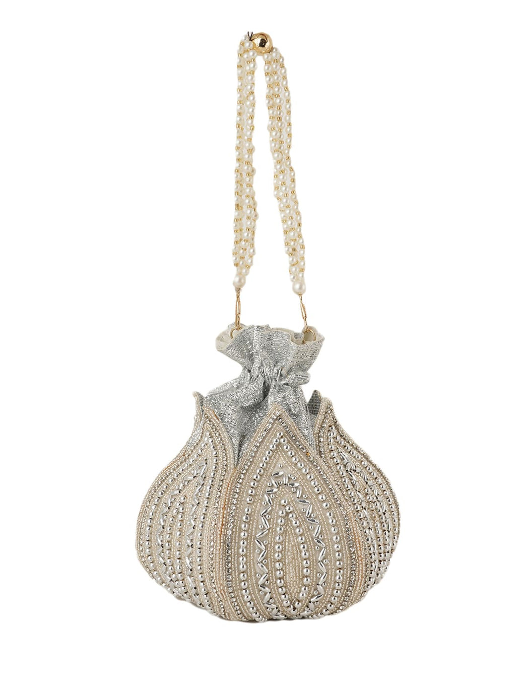 Women Silver & Pearl Embroidered Bridal Potli Bag with Pearl Handle
