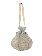 Women Silver & Pearl Embroidered Bridal Potli Bag with Pearl Handle