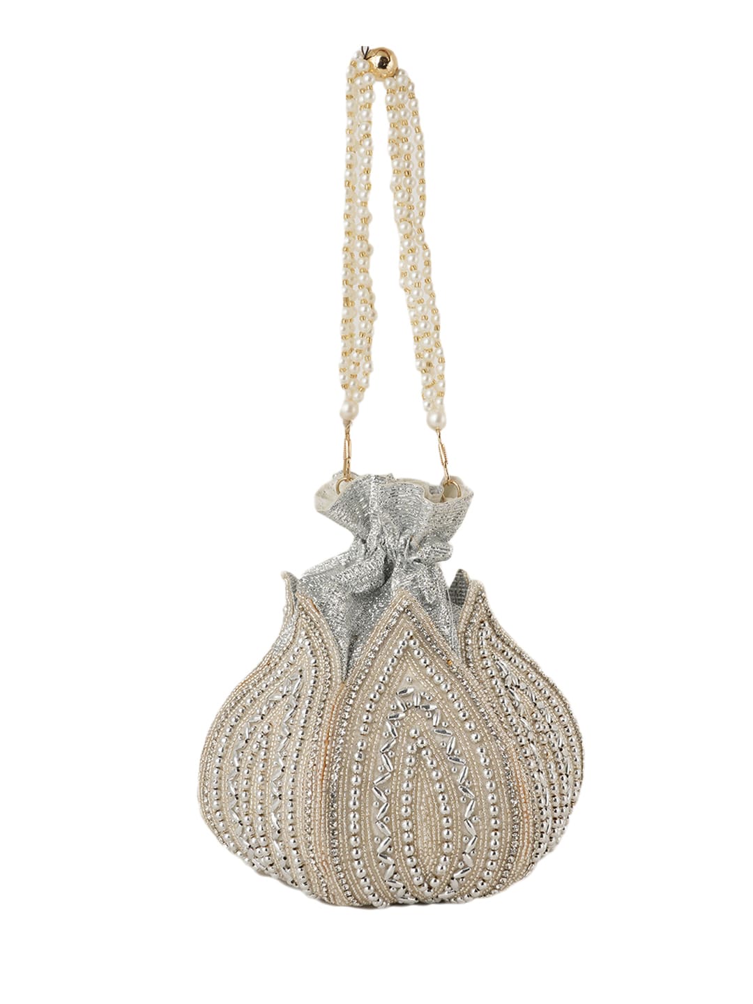 Women Silver & Pearl Embroidered Bridal Potli Bag with Pearl Handle
