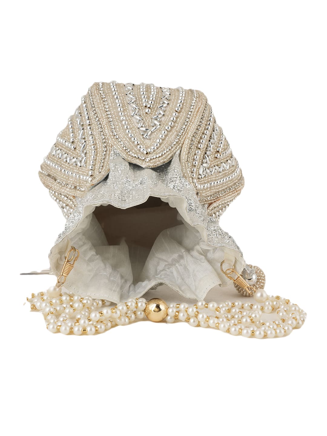 Women Silver & Pearl Embroidered Bridal Potli Bag with Pearl Handle