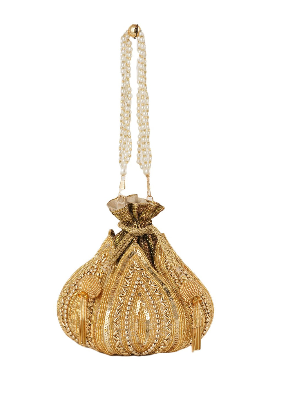 Women Gold Embroidered Bridal Potli Bag with Pearl Handle