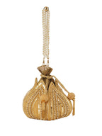 Women Gold Embroidered Bridal Potli Bag with Pearl Handle