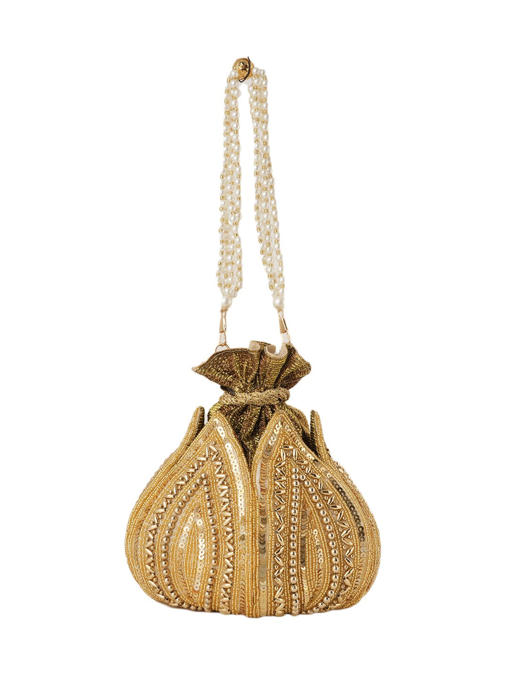 Women Gold Embroidered Bridal Potli Bag with Pearl Handle
