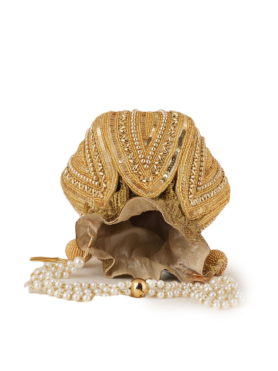Women Gold Embroidered Bridal Potli Bag with Pearl Handle