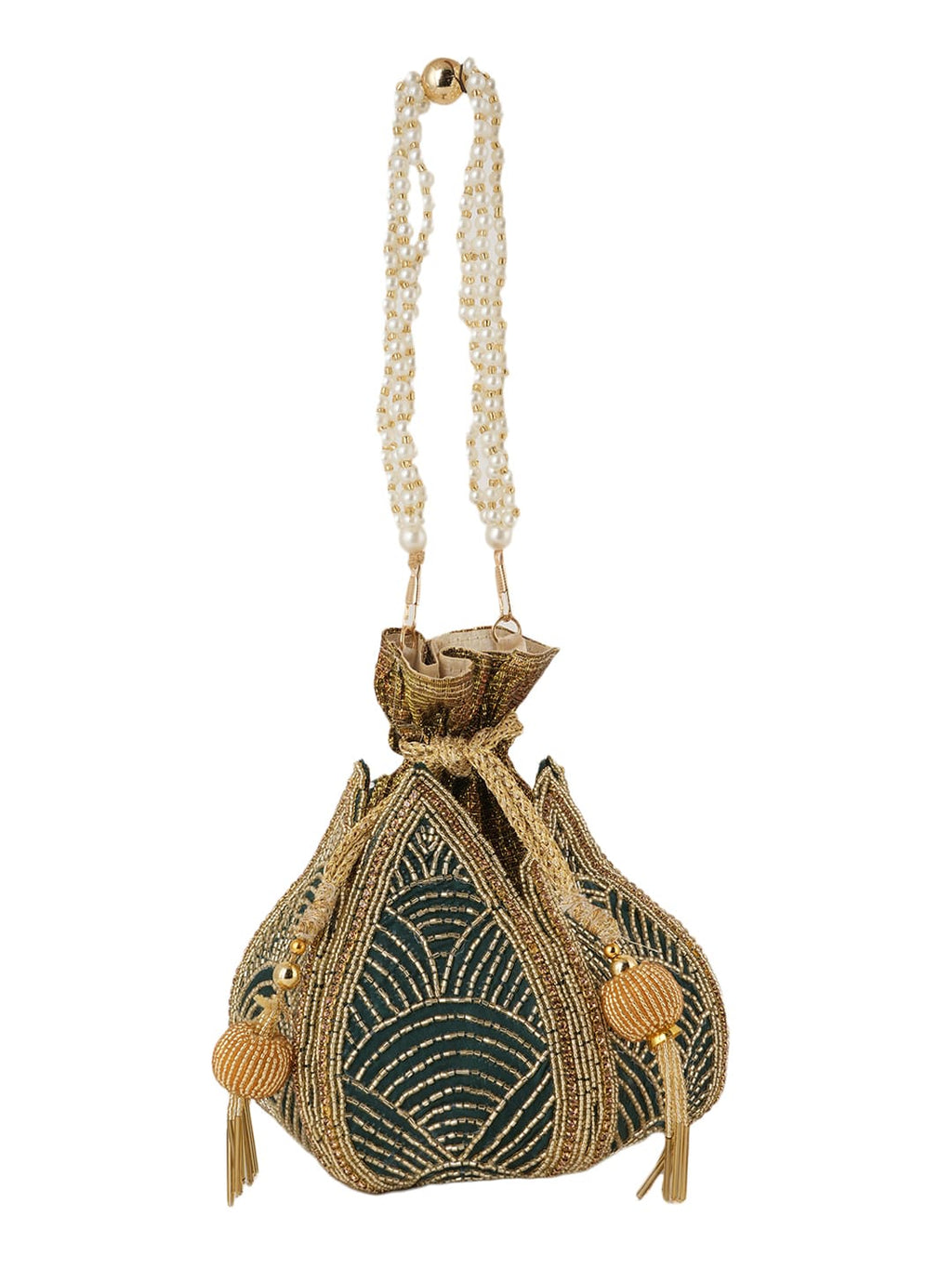 Women Green & Gold Embroidered Bridal Potli Bag with Pearl Handle