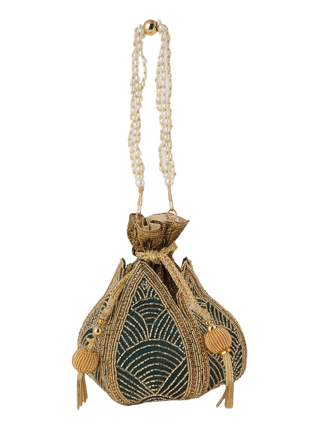 Women Green & Gold Embroidered Bridal Potli Bag with Pearl Handle