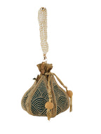 Women Green & Gold Embroidered Bridal Potli Bag with Pearl Handle