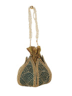 Women Green & Gold Embroidered Bridal Potli Bag with Pearl Handle