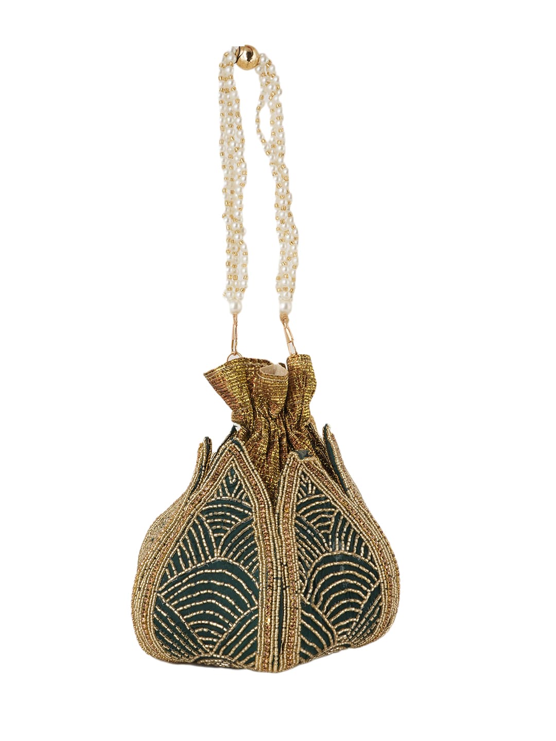Women Green & Gold Embroidered Bridal Potli Bag with Pearl Handle