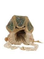 Women Green & Gold Embroidered Bridal Potli Bag with Pearl Handle