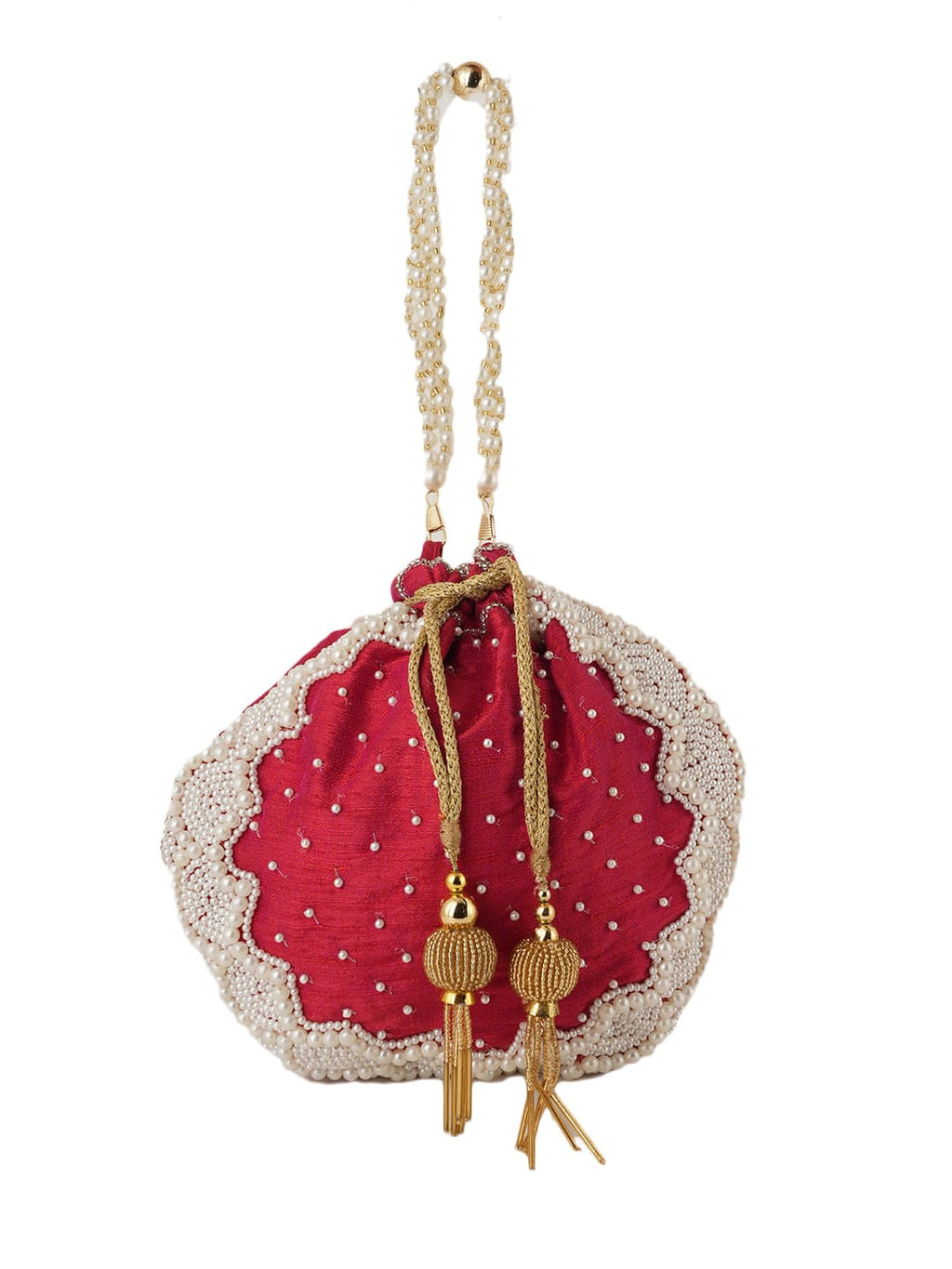 Women Red Pearl Embroidered Bridal Potli Bag with Pearl Handle