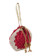 Women Red Pearl Embroidered Bridal Potli Bag with Pearl Handle