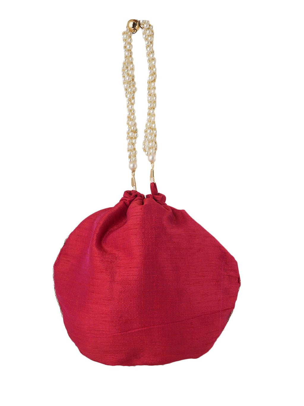 Women Red Pearl Embroidered Bridal Potli Bag with Pearl Handle