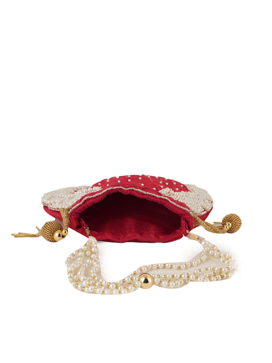 Women Red Pearl Embroidered Bridal Potli Bag with Pearl Handle