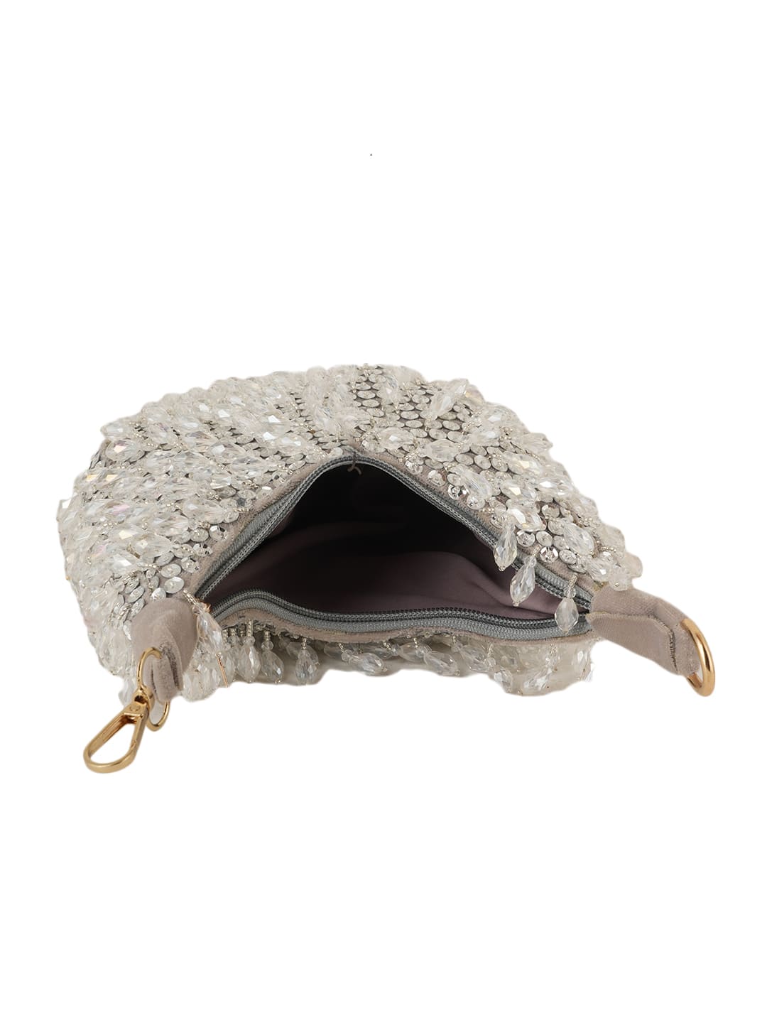 Women Silver Crystal Beaded Embellished Party Shoulder Bag