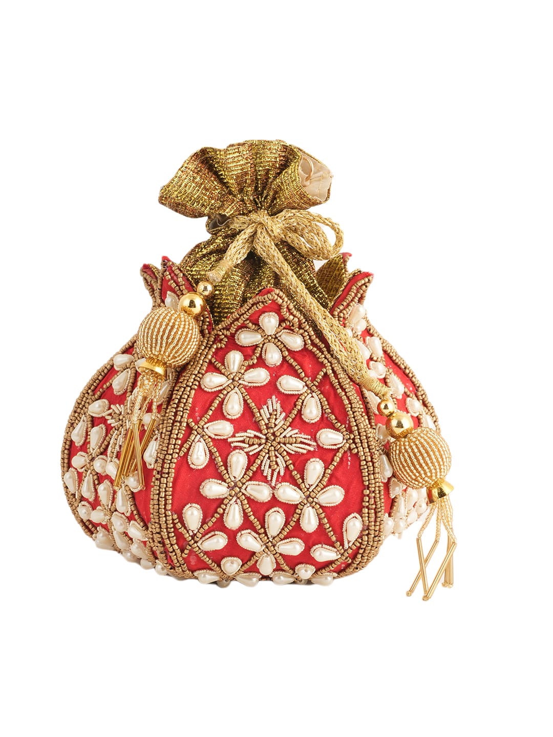 Women Red & Gold Embellished Bridal Potli Bag with Pearl & Beads Work